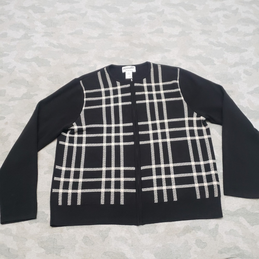 Pendleton Cardigan Sweater Women Large Black Full Zip 100% Merino Wool